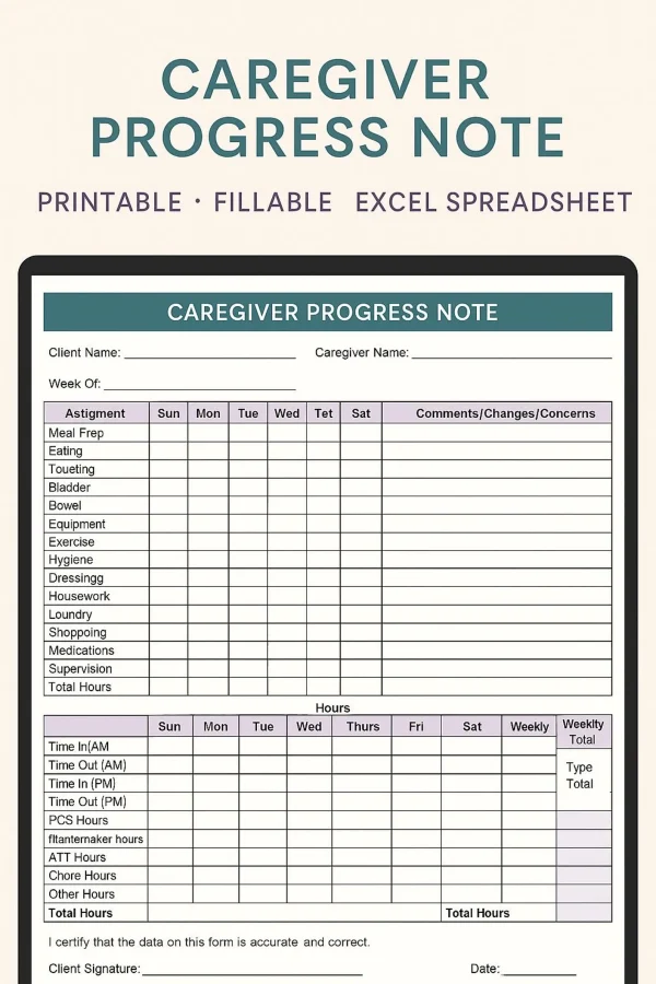 Caregiver Progress Note | Printable Excel Template, Weekly Care Log